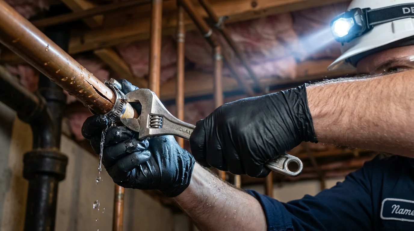 Emergency pipe clamp repair being performed by a Johns Plumbing LLC plumber in Tillson